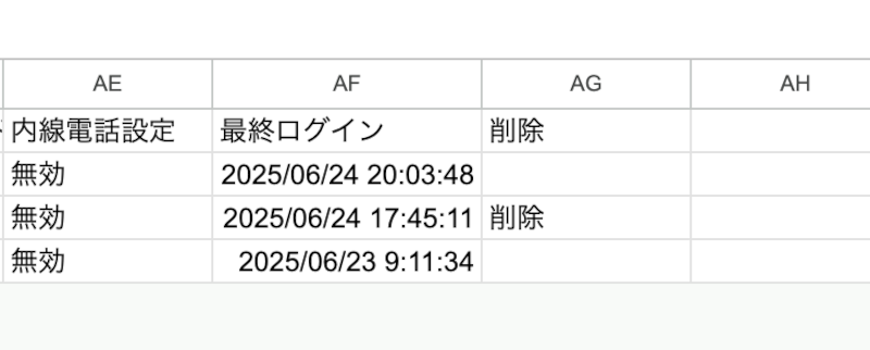 ユーザーを一括削除するためのCSVファイル例